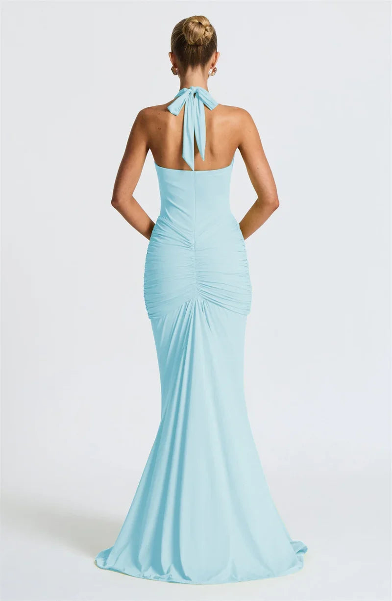 Deep V-Neck Backless Ruched Maxi Dress Halter Gown