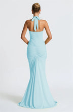 Deep V-Neck Backless Ruched Maxi Dress Halter Gown
