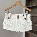 White Denim A Line Mini Skirt With Hip Wrap Cargo Pockets