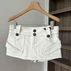 White Denim A Line Mini Skirt With Hip Wrap Cargo Pockets
