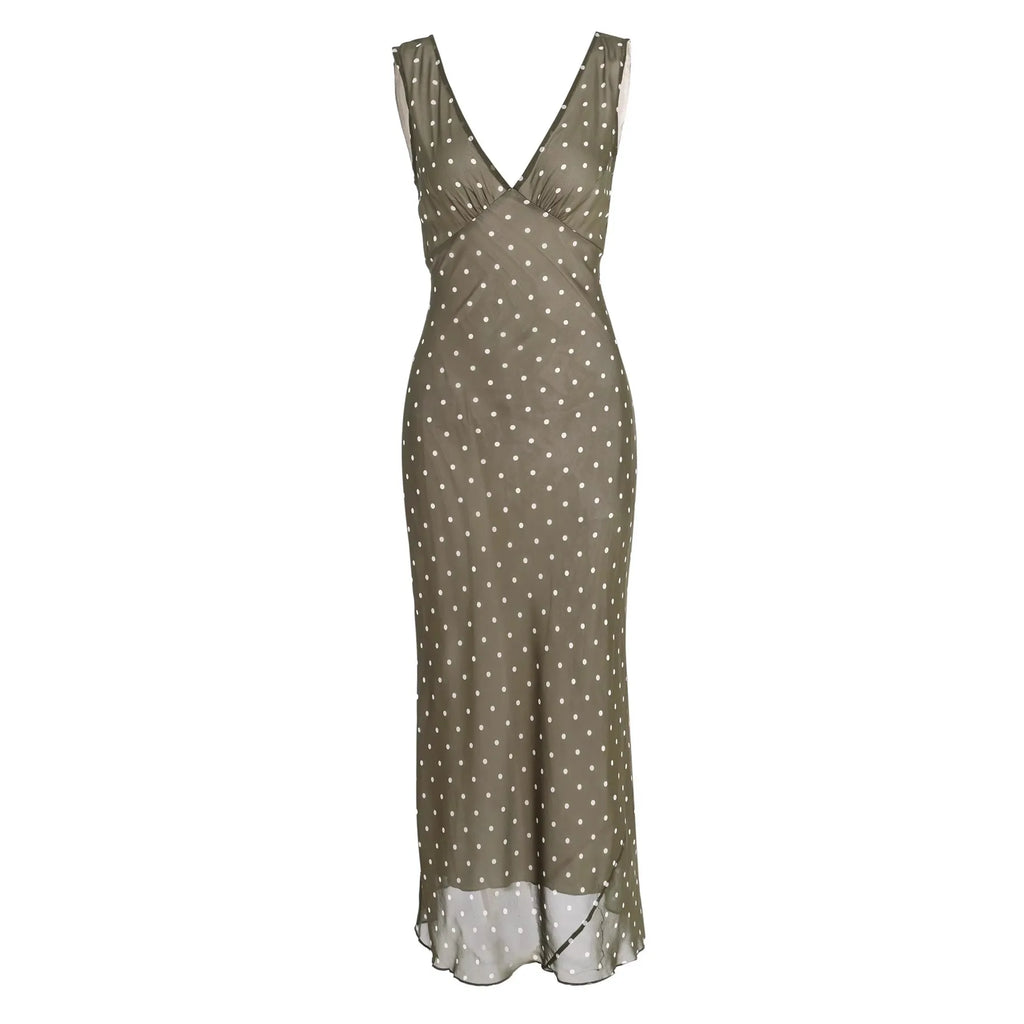 Polka Dot Chiffon V Neck Dress For Women