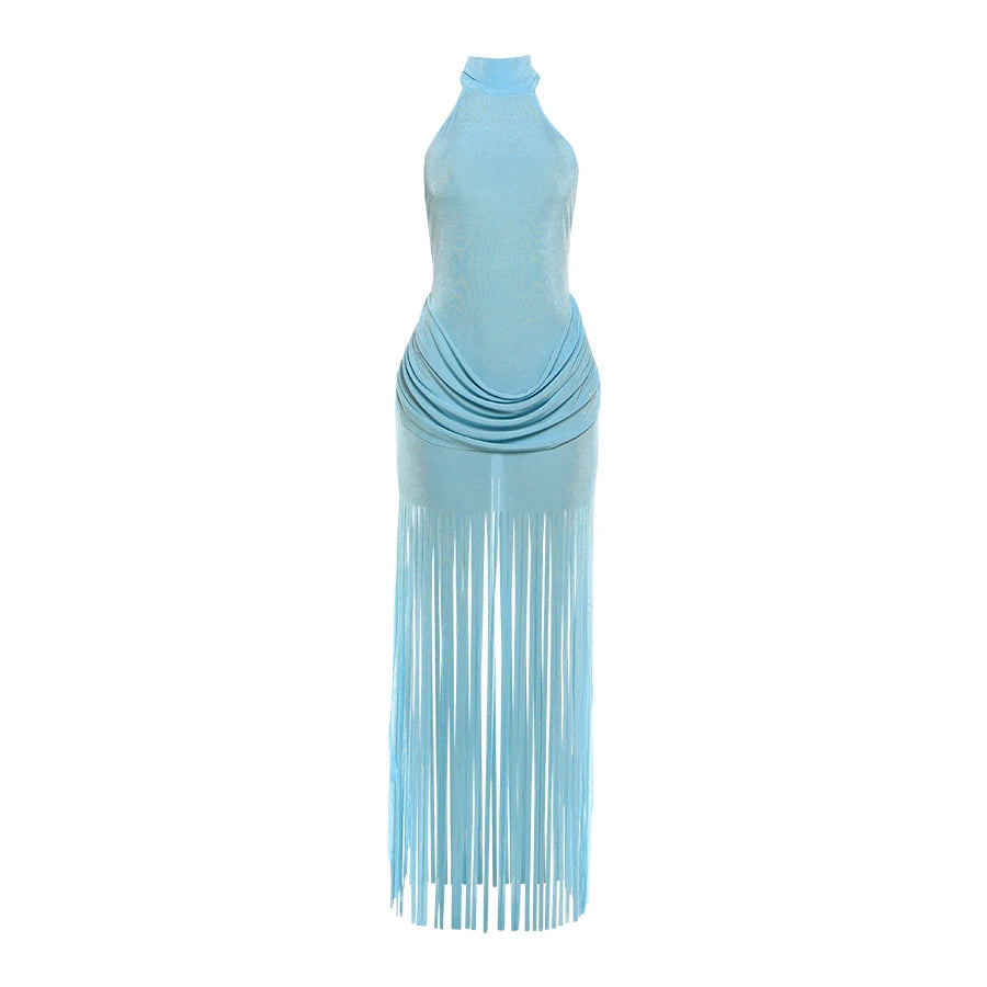 Velvet Halter Turtleneck Backless Mini Dress With Ruched Patchwork Tassel Hem