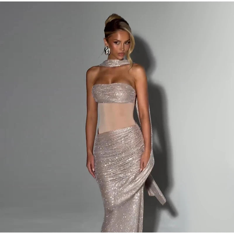 Sequins Off Shoulder Dress With Cinched Waist Sheer Ribbon Pleated Long Sleeves Glam
