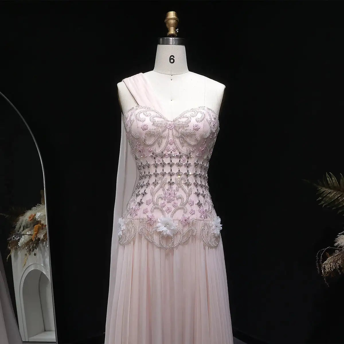 Elegant Sleeveless Pleated Beaded Evening Gown With High Neck Ankle Length Party Dress