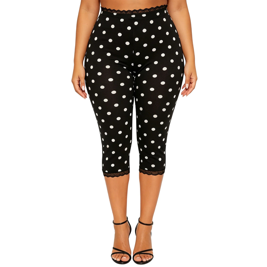 Retro Lace Trim Capri Pants With Elastic Waist