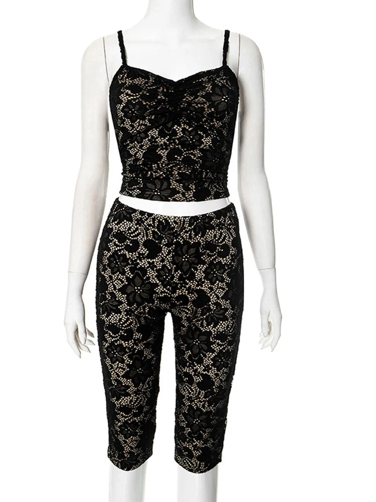 Hollow Out Lace Capri Set Two Piece With Spaghetti Straps