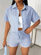 Striped Lapel Shirt And Shorts Two Piece Set