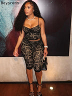 Hollow Out Lace Capri Set Two Piece With Spaghetti Straps