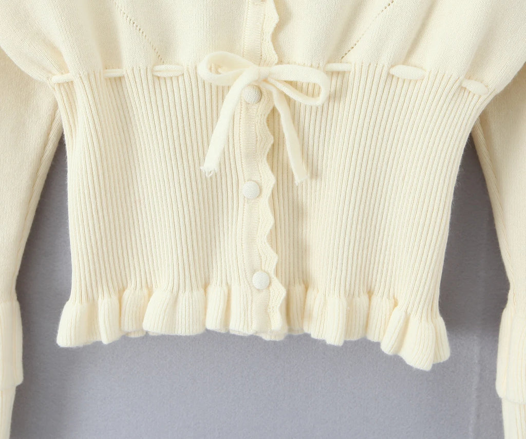 Hollow Crochet Knit Cropped Sweater in Beige and Red Long Sleeve Knit Top for Women