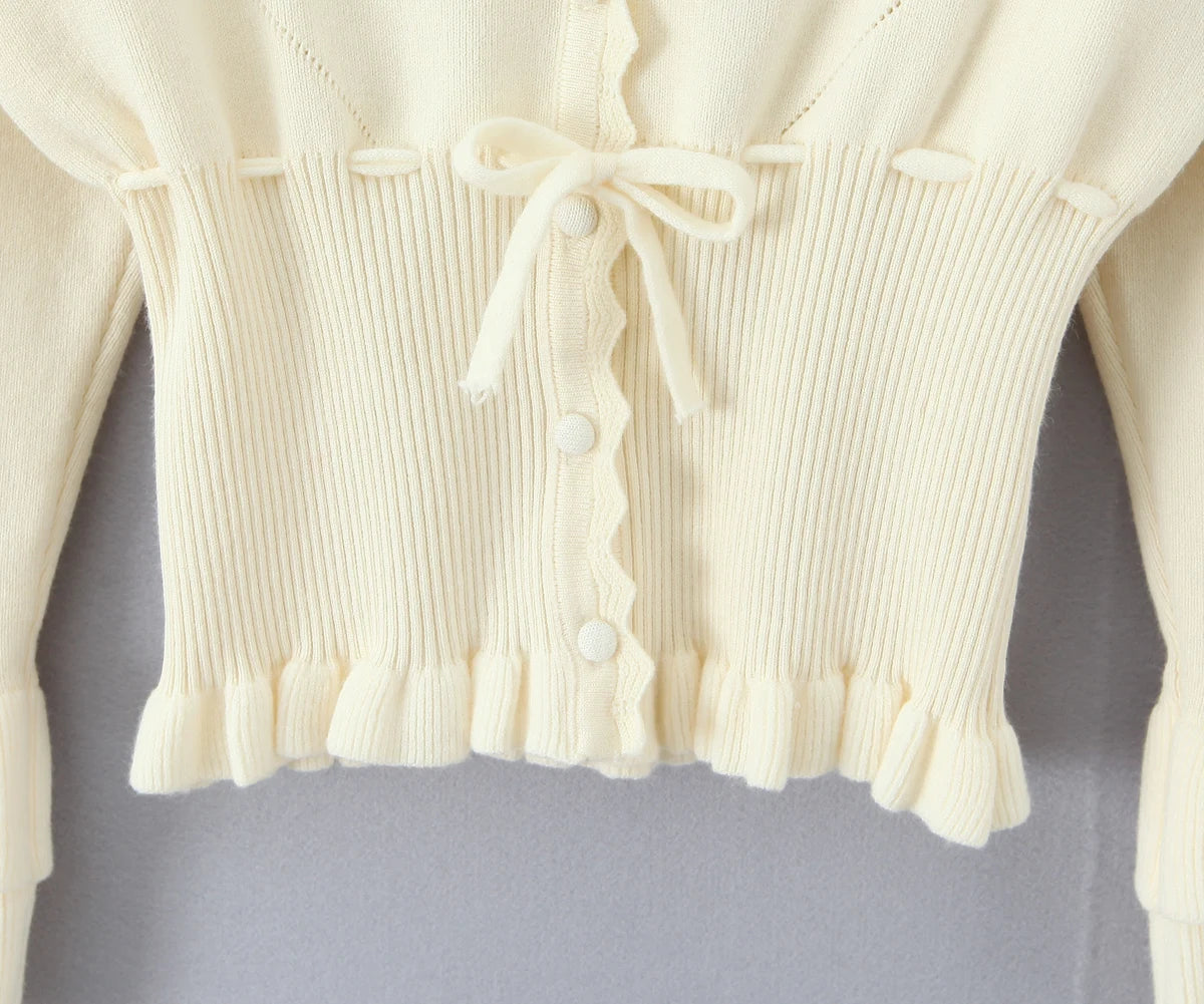 Hollow Crochet Knit Cropped Sweater in Beige and Red Long Sleeve Knit Top for Women
