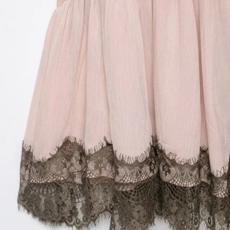 Pink Lace Trim Spaghetti Strap Mini Dress With V Neck Flirty Slip On