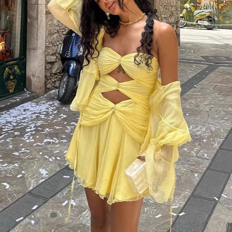 Pleated Strapless Mini Dress Hollow Backless