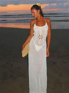 Floral Knit Strap Maxi Dress Backless Beach Cover Up For Summer Vacation And Resort Style