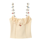 Flirty Apricot Applique Camisole With Ruched Chest O Neck Knit Tank Top