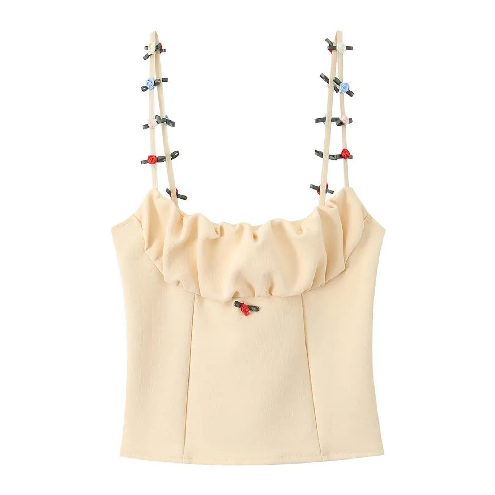 Flirty Apricot Applique Camisole With Ruched Chest O Neck Knit Tank Top