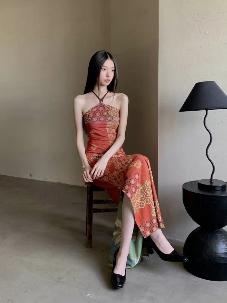 Vintage Reversible Two Piece Halter Neck Top And Long Skirt Set