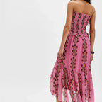Women Floral Cami Dress Smocked Square Neck Spaghetti Strap Backless Tiered Ruffled High Low Midi Dress