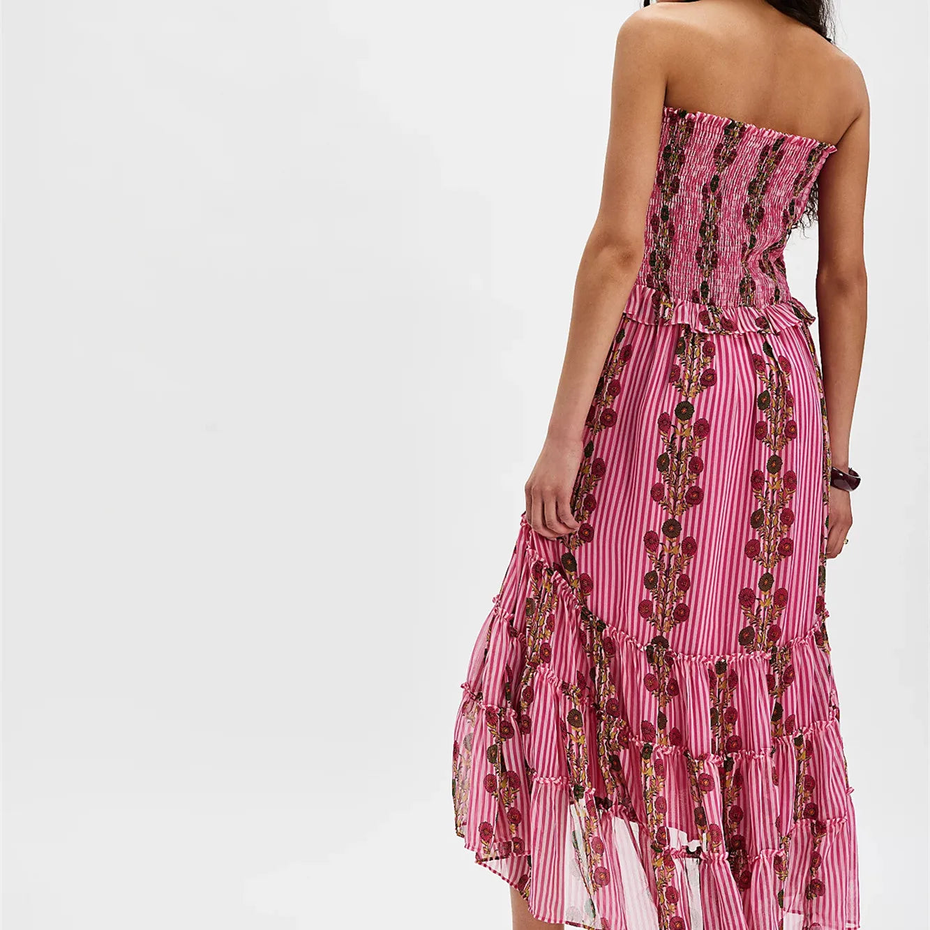 Women Floral Cami Dress Smocked Square Neck Spaghetti Strap Backless Tiered Ruffled High Low Midi Dress
