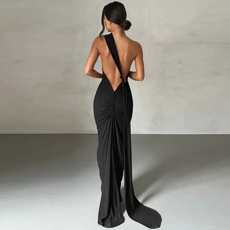 One Shoulder Backless Ruched Dress