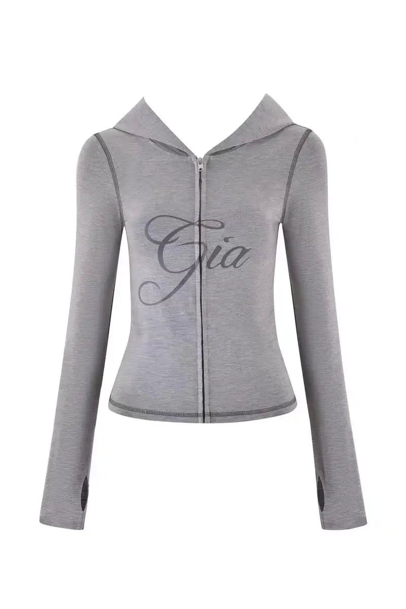 Two Piece Slim Fit Letter Print Hooded Zipper Jacket And Pants Set Open Thread Design