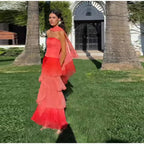 Gradient Flowy Chiffon Three Piece Set With Tube Top Tiered Skirt And Sheer Scarf