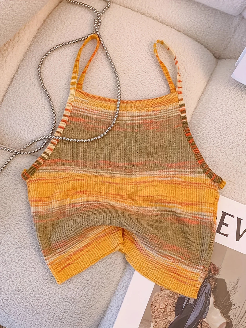 Striped Ribbed Knit Cami Top With Square Neck Sleeveless Rainbow Crop