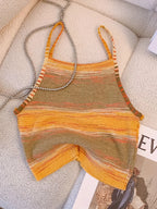 Striped Ribbed Knit Cami Top With Square Neck Sleeveless Rainbow Crop