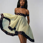Polka Dot Patchwork Dress With Ruffled Hem Slash Neck Sleeveless Backless Chic Bodycon