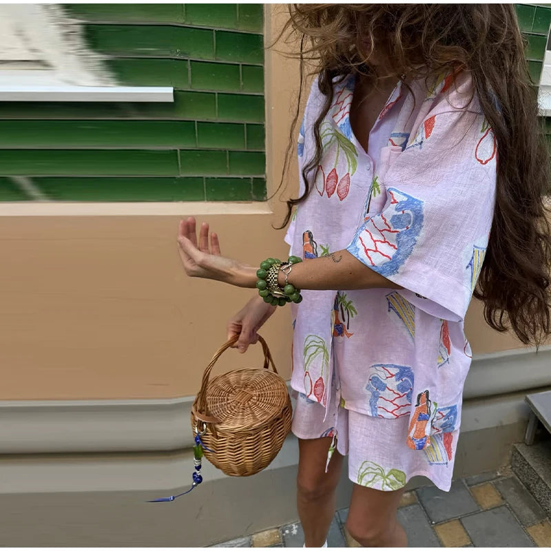 Dreamy Abstract Print Camp Collar Shirt And Shorts Matching Set