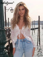 Lace Up See Through Cardigan Top With Ruffle Lace Trim For Women Elegant Retro Inspired Party Top
