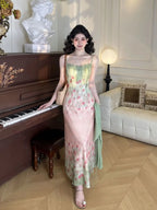 Oil Paint Swirl Dyed Dress Set With Strap Camisole And Long Skirt