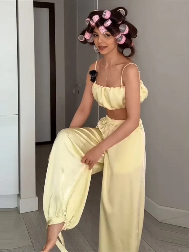 Women's Trousers 2 Pcs Suits Pleated Spaghetti Strap Cropped Tube Tops Elastic Waist Lace Up Pants