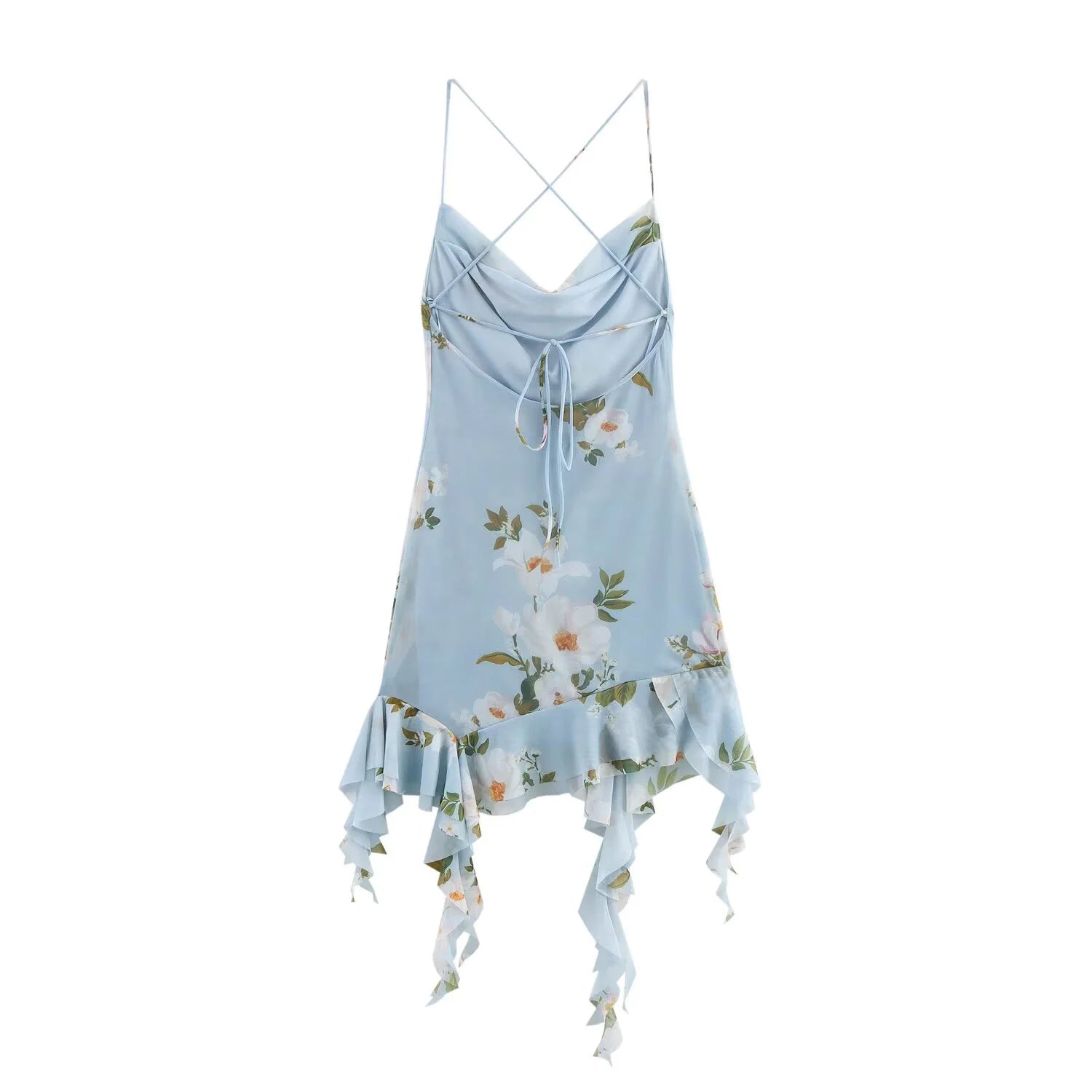 Silk Screen Printed Pleated Collar Dress With Asymmetrical Suspender Detailing Sleeveless And Versatile