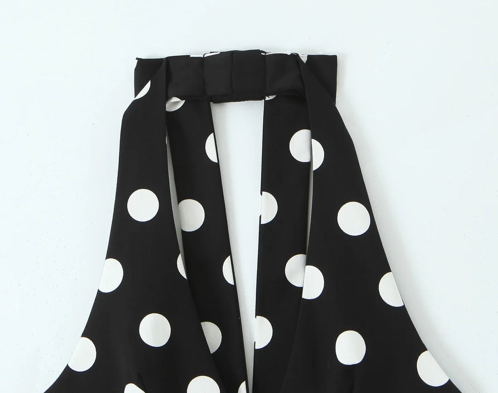 Women Fashion Sleeveless Backless Sexy Black Polka Dot Bow Neck Halter Top