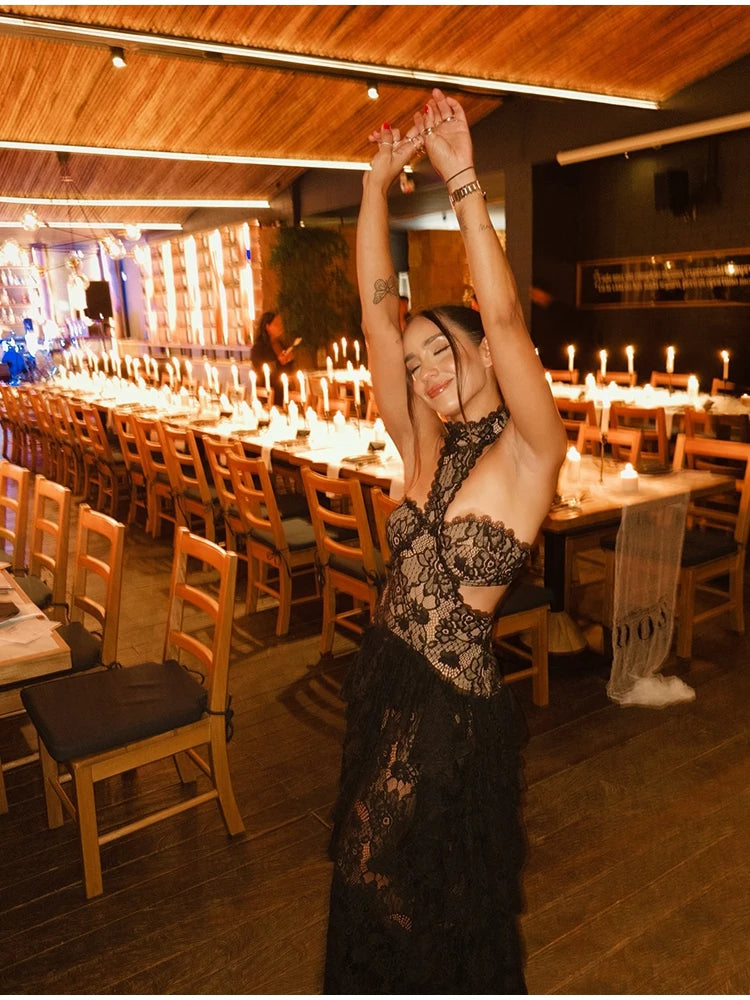 Black Lace Patchwork Halter Dress With Sheer Panels Gown