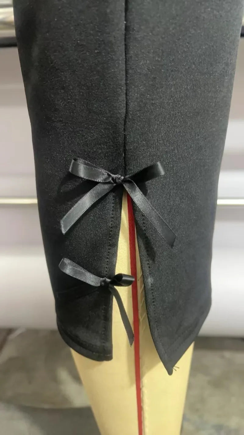 Women's Y2K Cute Capri Pants Solid Color Satin Bow Decor Side Split Summer Slim CroppedTrousers Stretch Crop Leggings