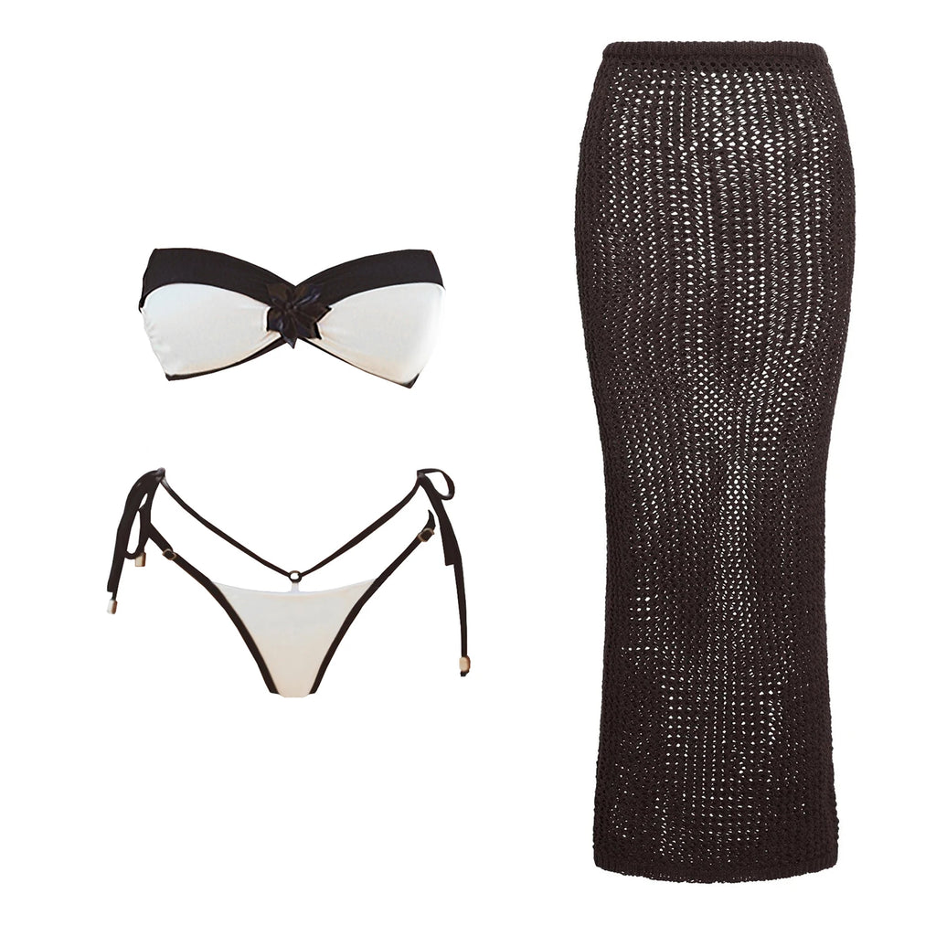 Black Lace Swim Set With Bandeau Halter And Long Skirt