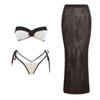 Black Lace Swim Set With Bandeau Halter And Long Skirt