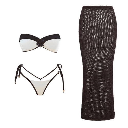 Black Lace Swim Set With Bandeau Halter And Long Skirt