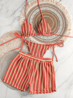 Retro Striped 3 Pieces Knitted Mesh String Bikini Set Swimsuit