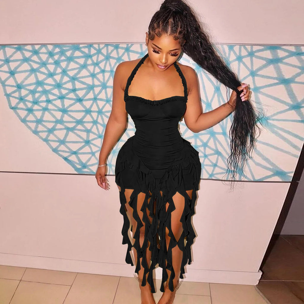 Elegant Halter Backless Ruffles Mini Dress Slim Fit With Tassel Detail