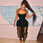 Elegant Halter Backless Ruffles Mini Dress Slim Fit With Tassel Detail