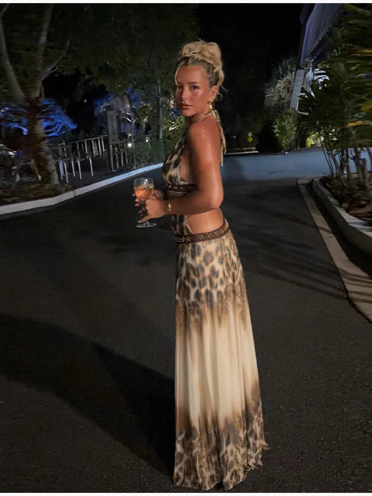 Leopard Print Halter Mini Dress With V Neck Backless Silhouette Sleek Bodycon