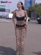 Patchwork Mesh Set With Leopard Print Skinny Pants Sexy Sleeveless Crop Top Street Style