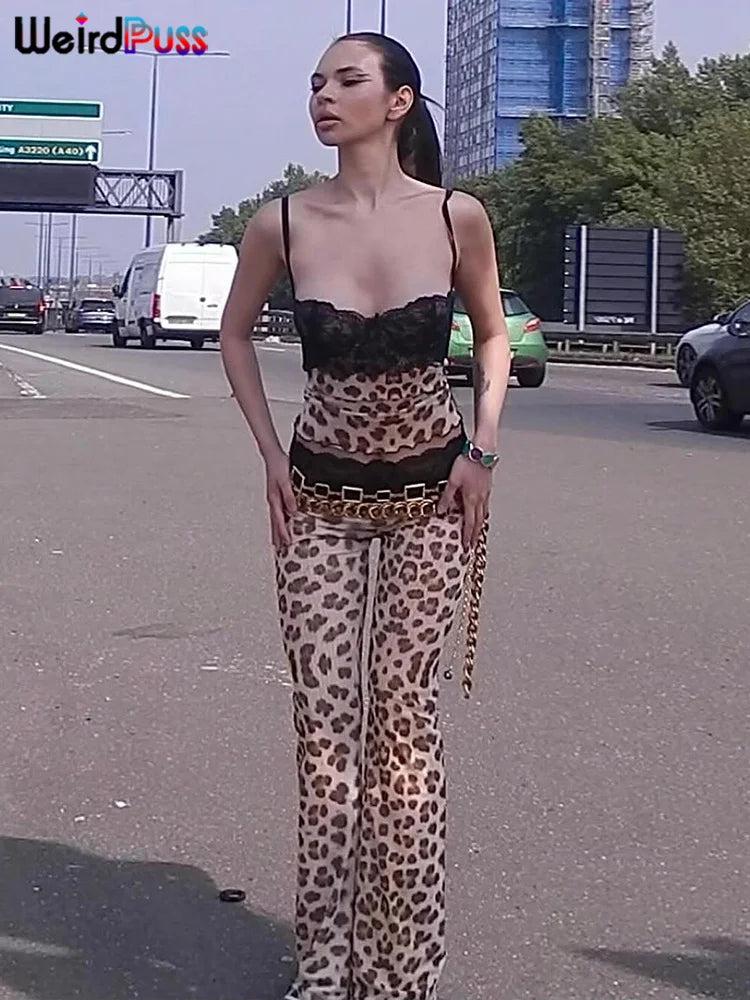 Patchwork Mesh Set With Leopard Print Skinny Pants Sexy Sleeveless Crop Top Street Style