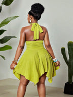 Vibrant Lime Green Pleated Halter Dress With Deep V Neck Backless Waist Defined Asymmetrical Hem