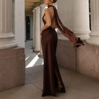Satin Halter Backless Maxi Dress With Ribbon Tie Sleeveless Evening Gown