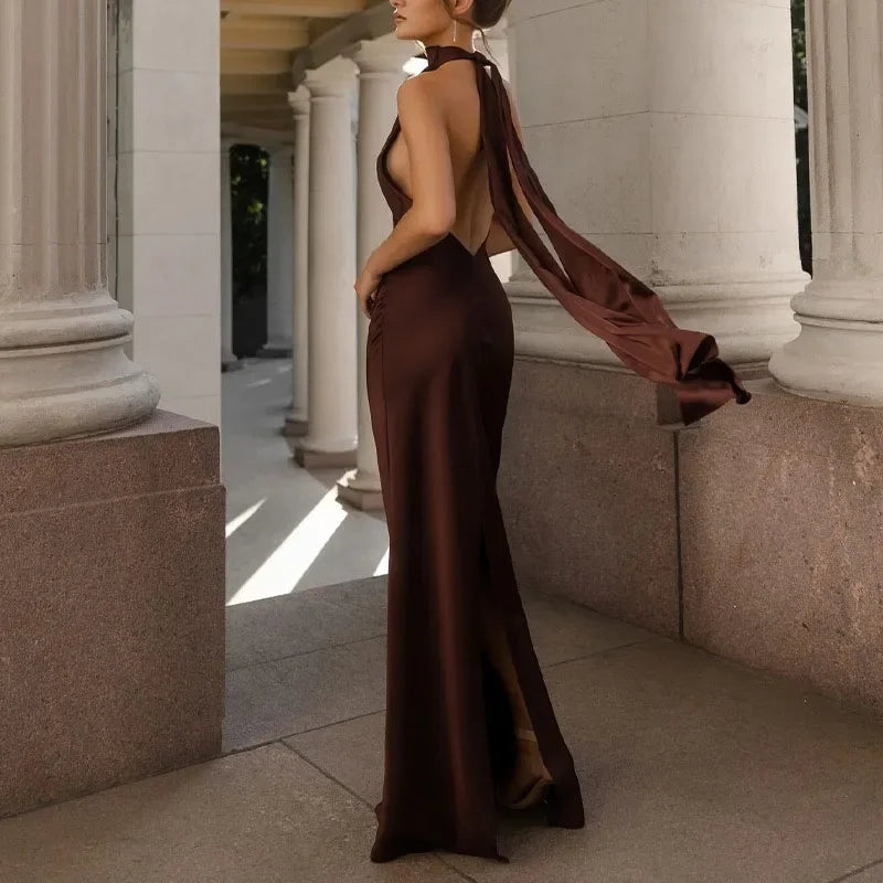 Satin Halter Backless Maxi Dress With Ribbon Tie Sleeveless Evening Gown