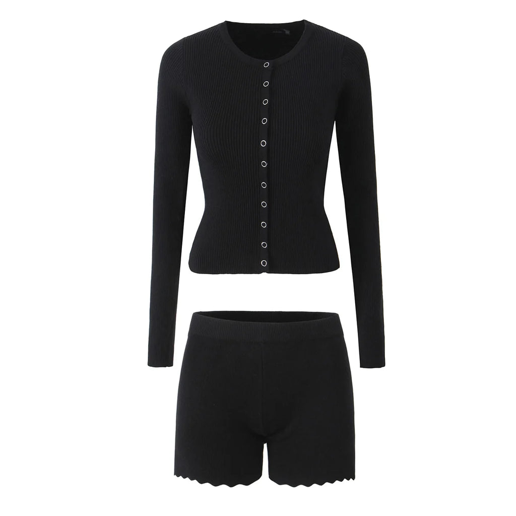 Vintage Two-piece Knit Cardigan And Elastic Waist Shorts Set