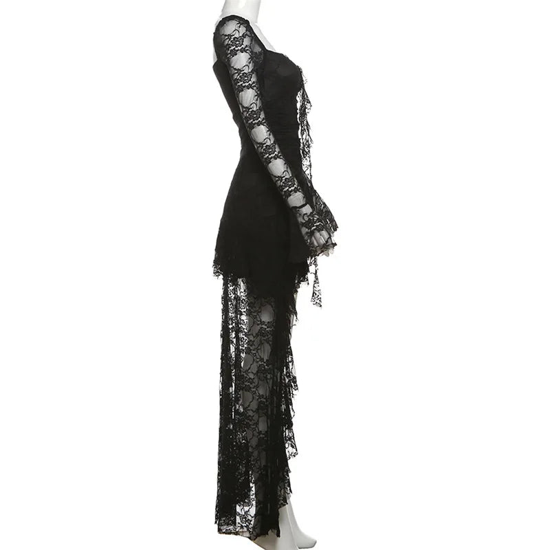 Gothic Fairycore Lace A Line Dress With Flare Sleeves And Square Neck
